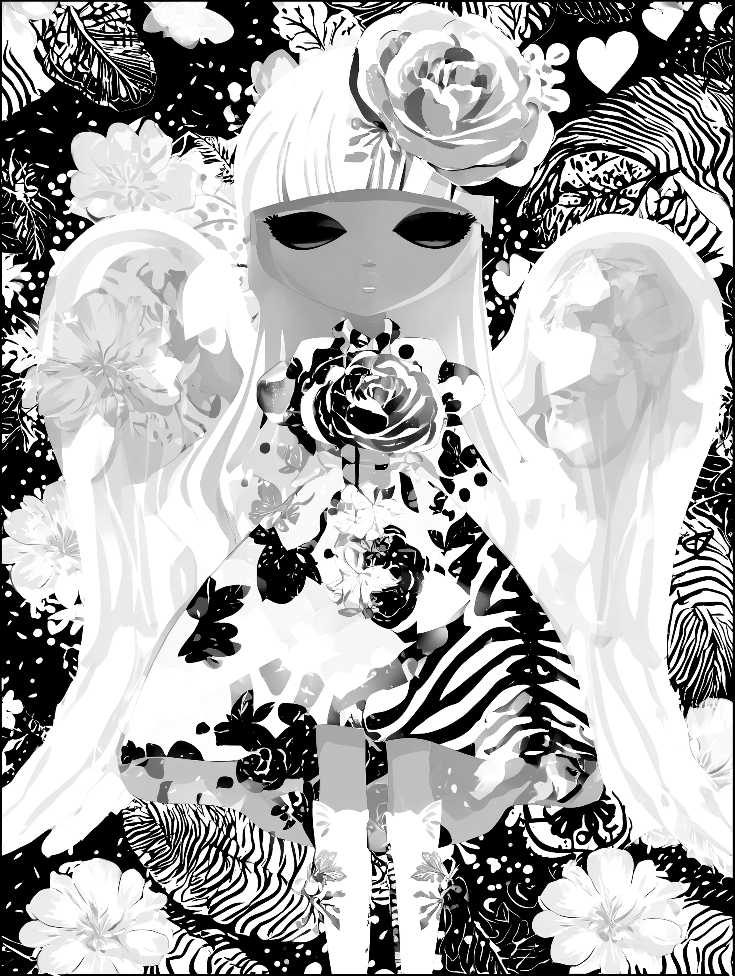 Free printable angel coloring page for adults featuring monochrome big wings